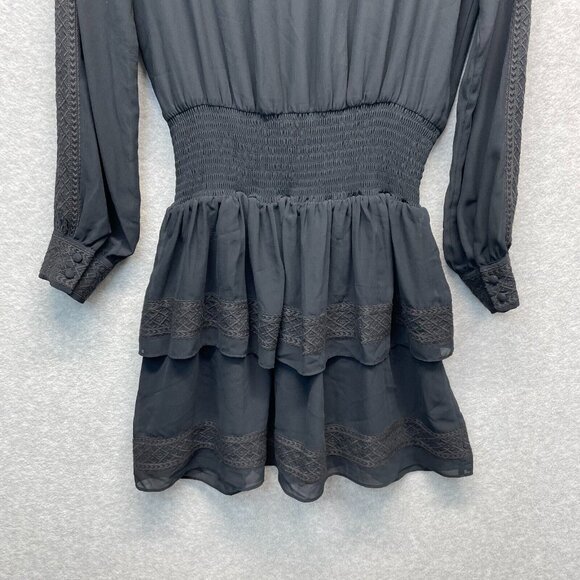 Rebecca Minkoff Noelle Dress Womens‎ XS Black Peasant Embroidered Smocked V-Neck - Picture 8 of 16